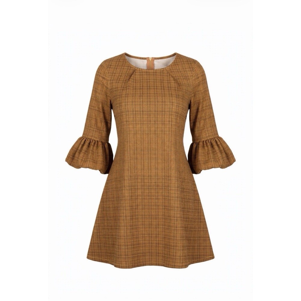 Nina Leonard XL Brown Plaid Short Dress Work Office Bell Sleeve A-Line